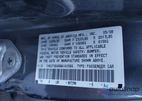 2008 Honda Accord 2.4 Lx-P from USA, damaged, VIN 1HGCP26468A141564